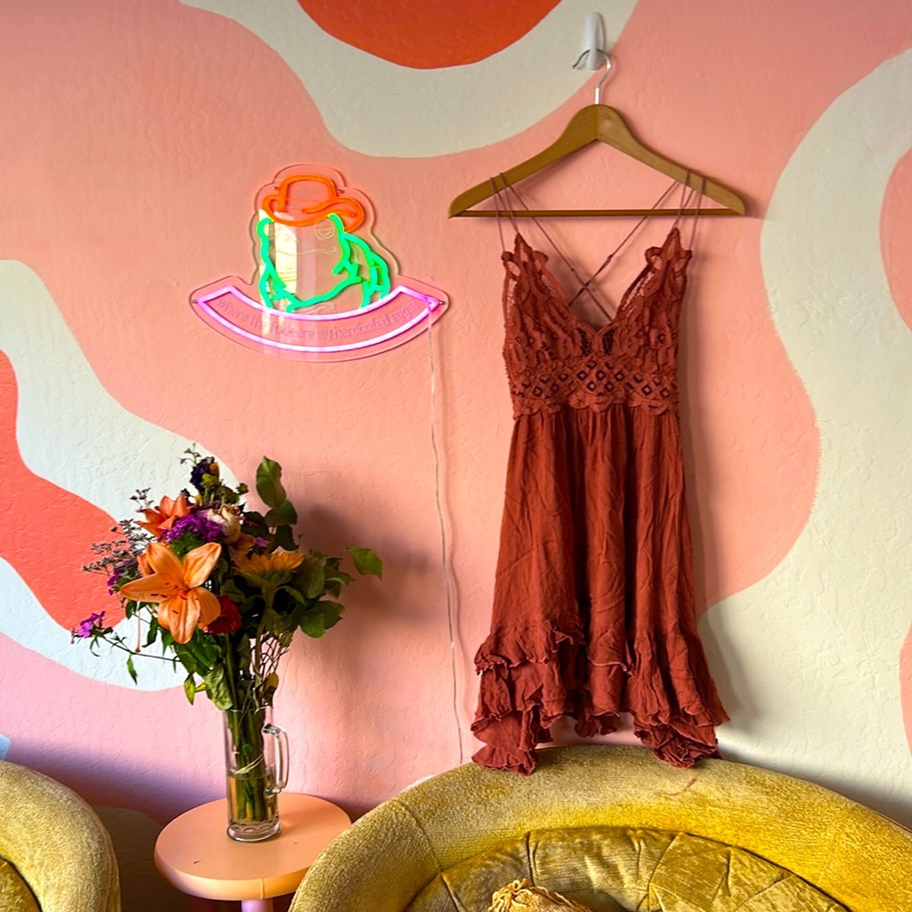 FREE PEOPLE ADELLA SLIP DRESS BURNT ORANGE/BURGUNDY